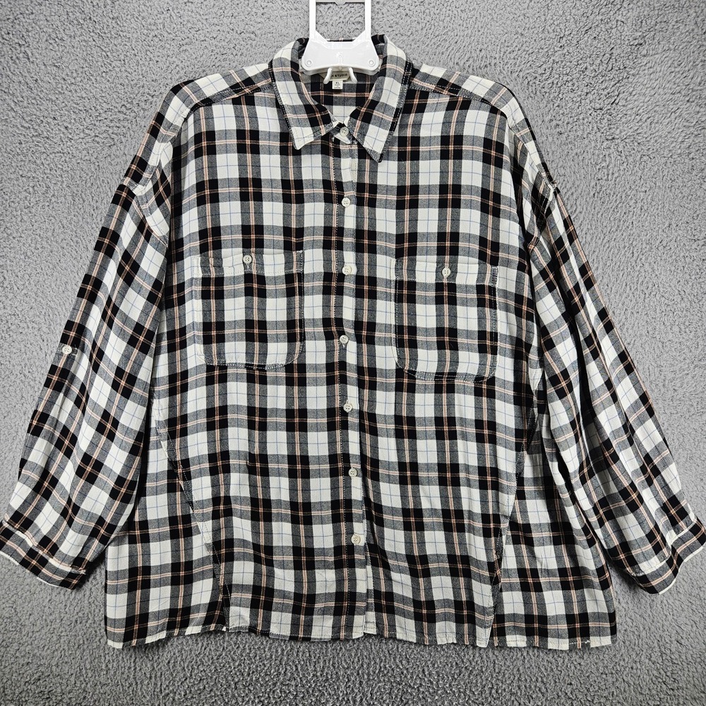Max Studio Womens XL Black White Plaid Rayon Roll Tab Button Up Blouse